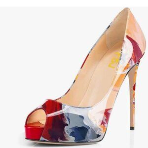 FSJ Red Graceful Peep Toe Pumps High Heels with Platform Slip On Party Prom Shoe